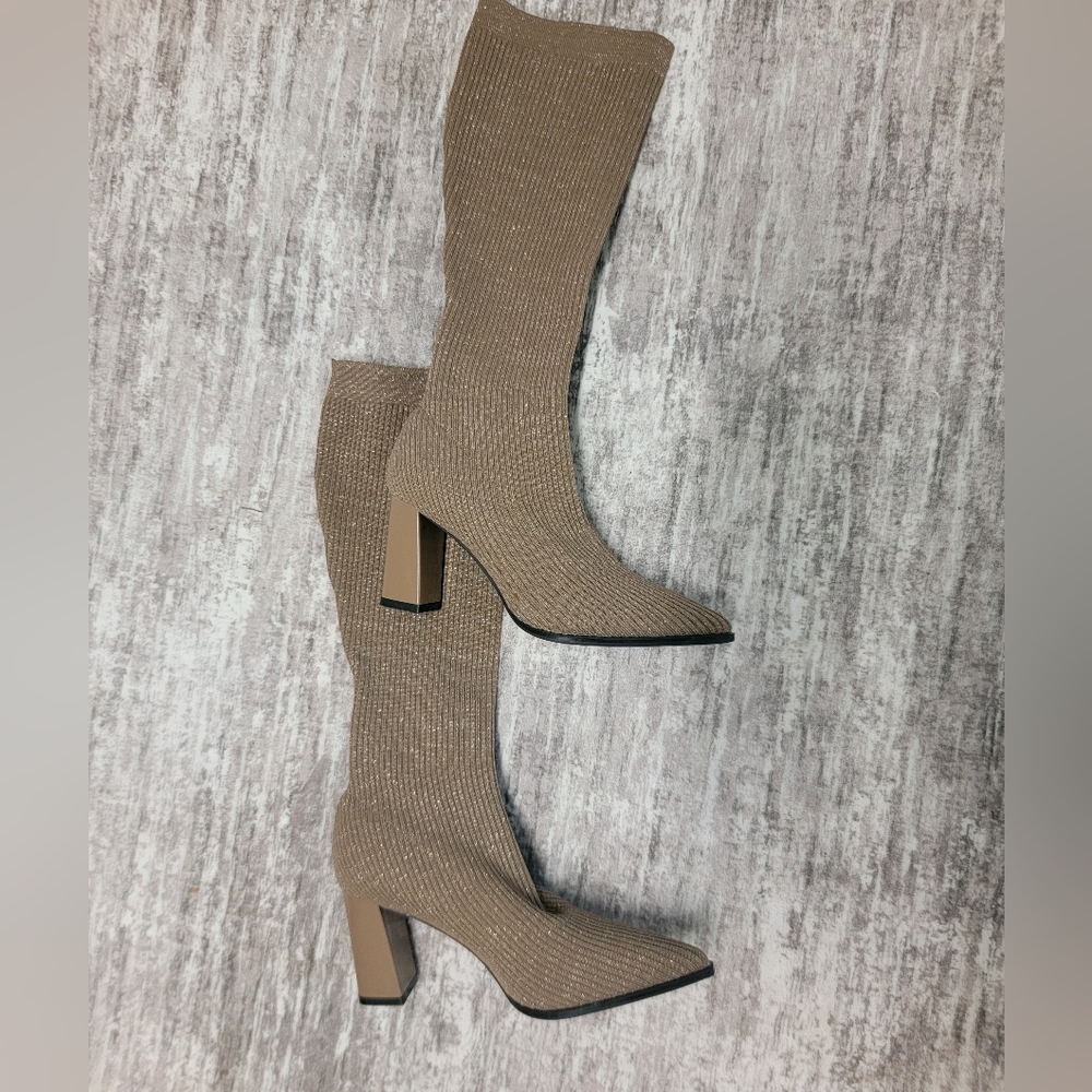 Brown Ribbed Knee-High Chunky Heel Boots Newbella Mousse Fit 8.5 Sock Boot